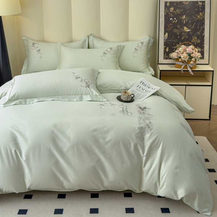 91家纺网 家纺一手货源 找家纺 U品汇 2025新款纯棉全棉长绒棉刺绣绣花高端礼盒四件套-夏瑾系列 夏瑾-清澈绿