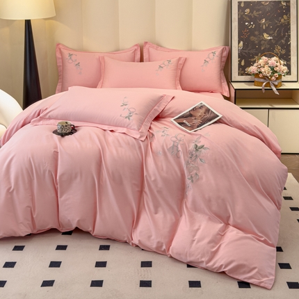 U品汇 2025新款纯棉全棉长绒棉刺绣绣花高端礼盒四件套-夏瑾系列 夏瑾-糖果粉