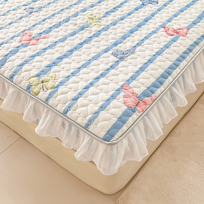 91家纺网 家纺一手货源 找家纺 眠势力 2025新款韩版花边床笠雪纺公主风ins夹棉四季款床罩保护套 花蝴蝶