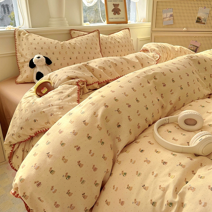 91家纺网 家纺一手货源 找家纺 田野家纺2025新款A类全棉双层纱四件套 可爱兔