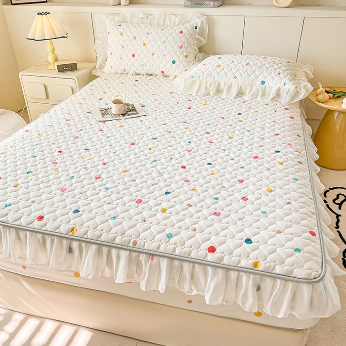 91家纺网 家纺一手货源 找家纺 眠势力 2025新款韩版花边床笠雪纺公主风ins夹棉四季款床罩保护套 彩色波点