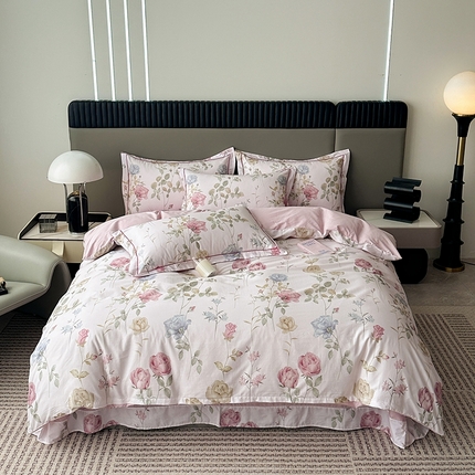 眷恋家纺 2025年春夏全棉铂金棉13376数码印花四件套 臻爱-粉