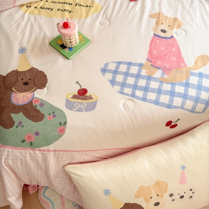 91家纺网 家纺一手货源 找家纺 星期八 2025新款针织棉夏被四件套 油画小狗