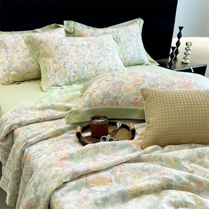 91家纺网 家纺一手货源 找家纺 朵希曼2025新款50天丝宽边夏被和夏被四件套系列 梦丝丽 米黄