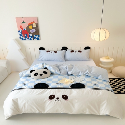 西西家居 2025新款100支澳棉纯棉数码印花刺绣四件套-小熊猫 小熊猫-蓝