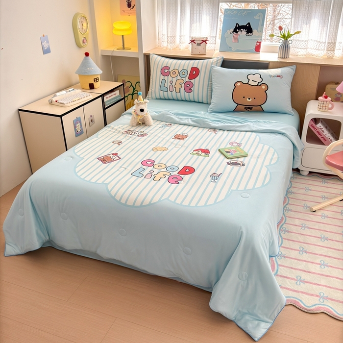 91家纺网 家纺一手货源 找家纺 星期八 2025新款针织棉夏被四件套 美好生活