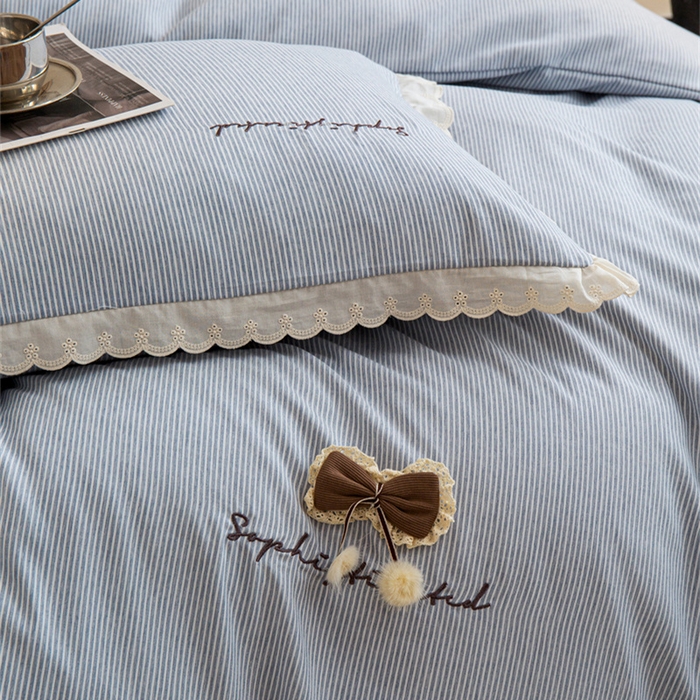 91家纺网 家纺一手货源 找家纺 庭笙 2025新款无印.色织条纹少女韩式小花边简约条纹四件套 色织条纹.蓝