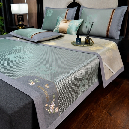 小牛席业2025新款绣球花开-冰藤双面席凉席藤席冰藤席竹席空调席草席冰丝席豆豆席乳胶席三件套 绣球花开-提花绿色