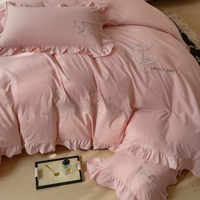 91家纺网 家纺一手货源 找家纺 U品汇 A类全棉色织水洗棉刺绣花四件套纯棉100%棉韩版公主风立体花朵 春野浪漫-豆沙