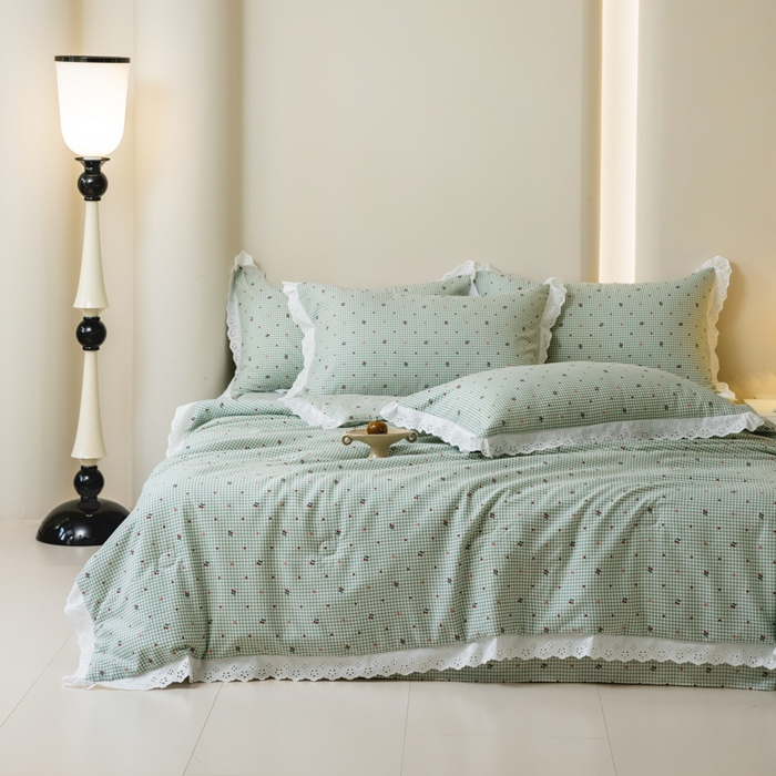 91家纺网 家纺一手货源 找家纺 绒世界 绒世界 2025新款双层纱韩版印花夏被四件套 樱桃