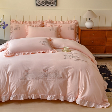 U品汇 A类全棉色织水洗棉刺绣花四件套纯棉100%棉韩版公主风立体花朵 春野浪漫-美人玉