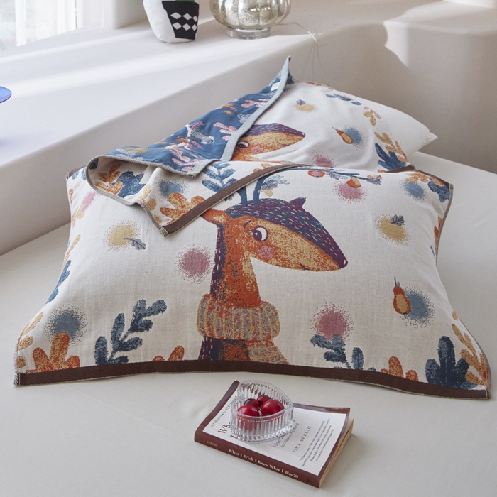 91家纺网 家纺一手货源 找家纺 爱港家纺 2025新款全棉纱布-萌宠治愈系列枕巾 萌宠鹿52*75cm