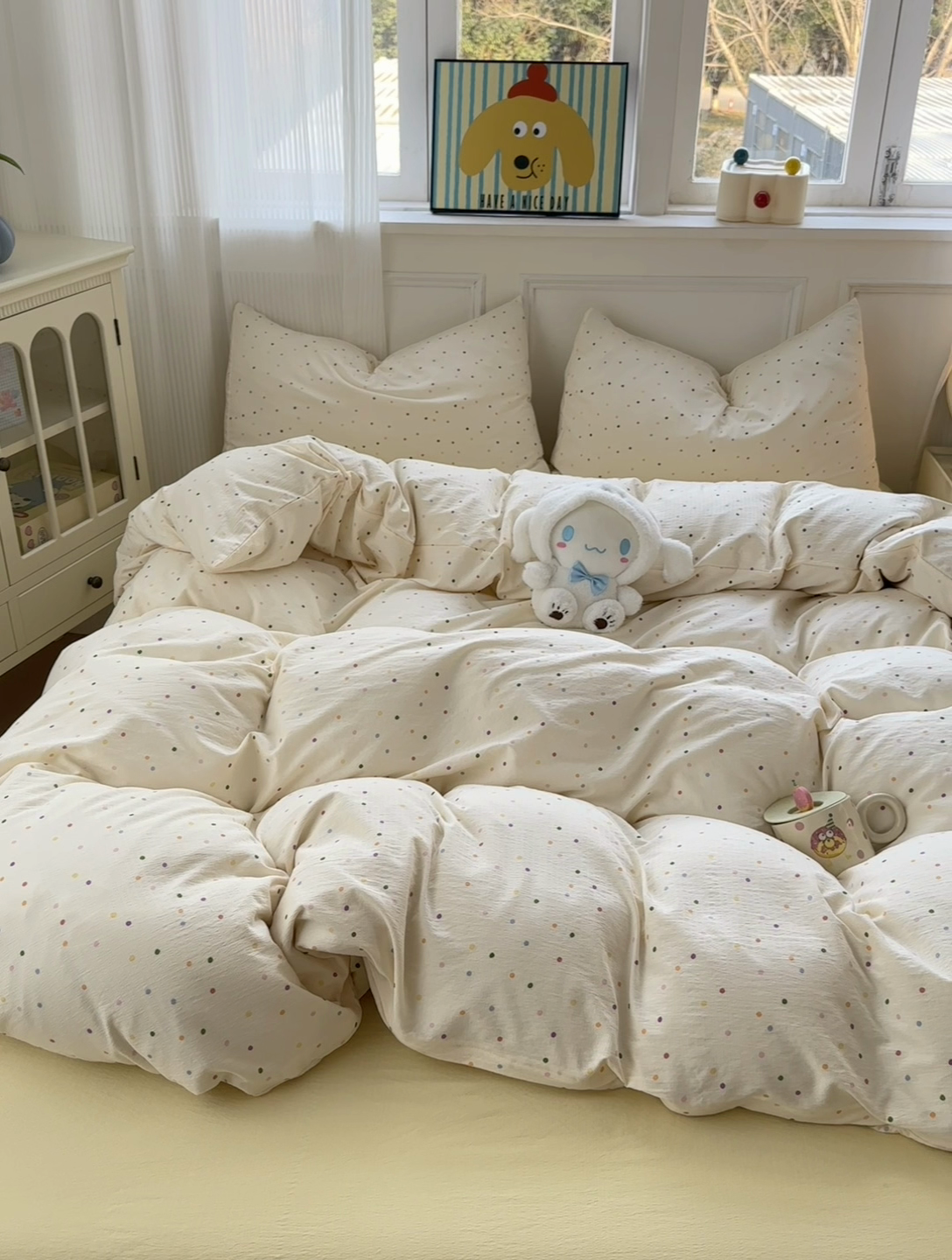 91家纺网 家纺一手货源 找家纺 玉海棠家纺 2025新款亲肤舒适小清新四件套 波点世界