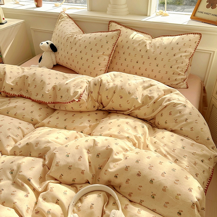 91家纺网 家纺一手货源 找家纺 田野家纺2025新款A类全棉双层纱四件套 可爱兔