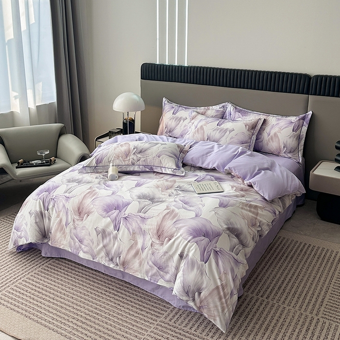 91家纺网 家纺一手货源 找家纺 眷恋家纺 2025年春夏全棉铂金棉13376数码印花四件套 步步生莲-紫