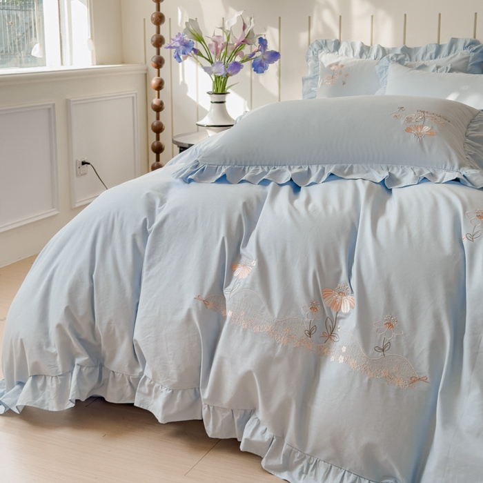 91家纺网 家纺一手货源 找家纺 U品汇 A类全棉色织水洗棉刺绣花四件套纯棉100%棉韩版公主风立体花朵 春野浪漫-星空蓝