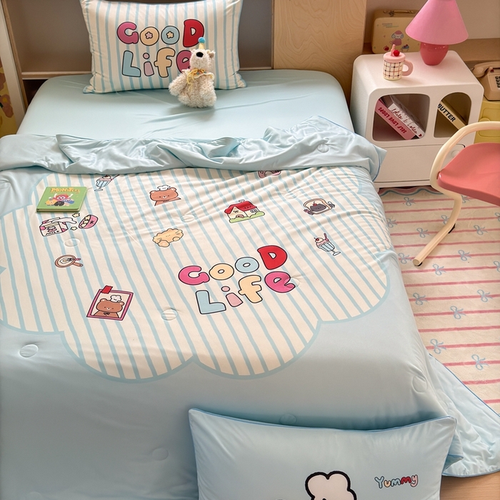 91家纺网 家纺一手货源 找家纺 星期八 2025新款针织棉夏被四件套 美好生活