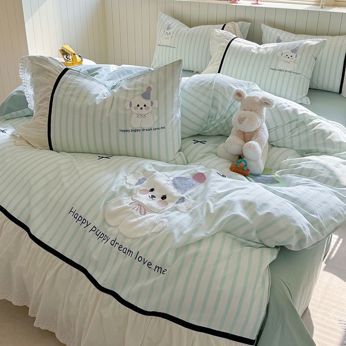 91家纺网 家纺一手货源 找家纺 优悦生活馆 2025新款全棉纯棉水洗棉印花四件套-牛奶小狗 牛奶小狗-绿