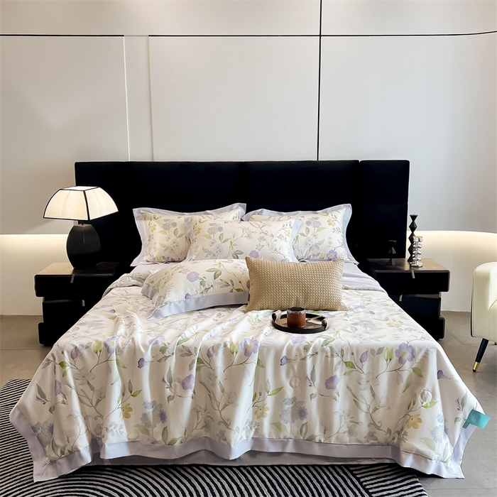 91家纺网 家纺一手货源 找家纺 朵希曼2025新款50天丝宽边夏被和夏被四件套系列 清风漫舞 米白