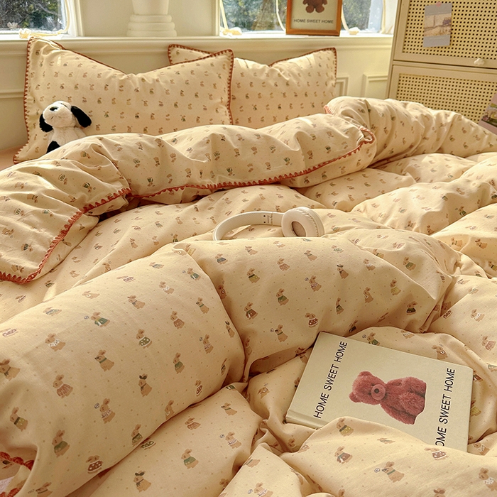 91家纺网 家纺一手货源 找家纺 田野家纺2025新款A类全棉双层纱四件套 可爱兔