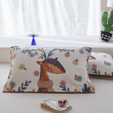 91家纺网 家纺一手货源 找家纺 爱港家纺 2025新款全棉纱布-萌宠治愈系列枕巾 萌宠鹿52*75cm