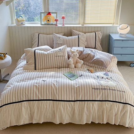 优悦生活馆 2025新款全棉纯棉水洗棉印花四件套-牛奶小狗 牛奶小狗-米色