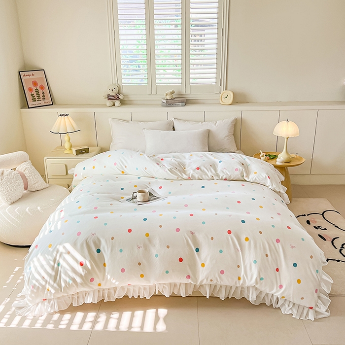 91家纺网 家纺一手货源 找家纺 眠势力 2025新款韩版花边被套双面用四季款ins公主风 彩色波点
