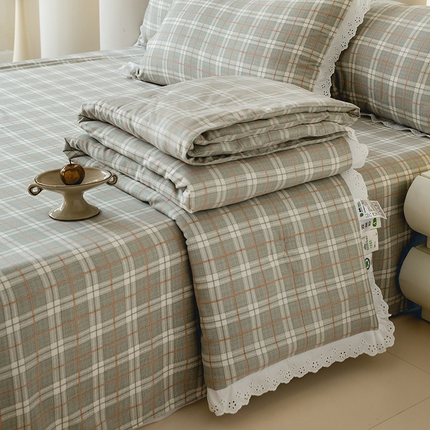 绒世界 绒世界 2025新款双层纱韩版印花夏被四件套 格子-绿