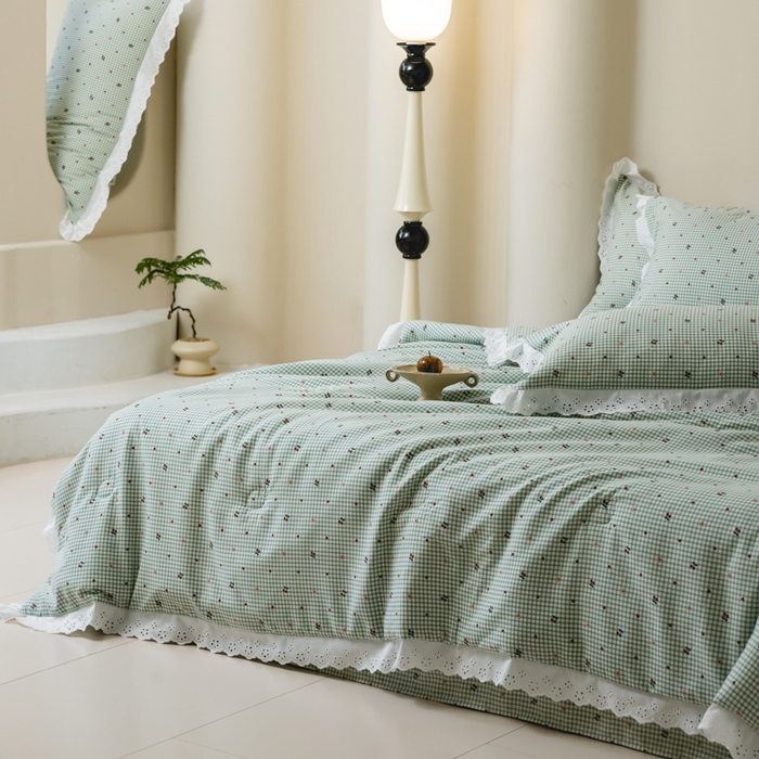 91家纺网 家纺一手货源 找家纺 绒世界 绒世界 2025新款双层纱韩版印花夏被四件套 樱桃