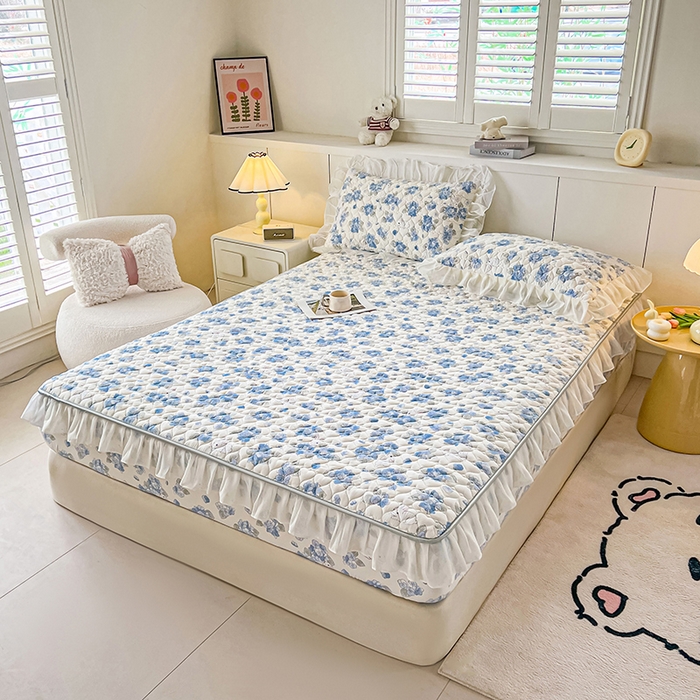 91家纺网 家纺一手货源 找家纺 眠势力 2025新款韩版花边床笠雪纺公主风ins夹棉四季款床罩保护套 兰花兔