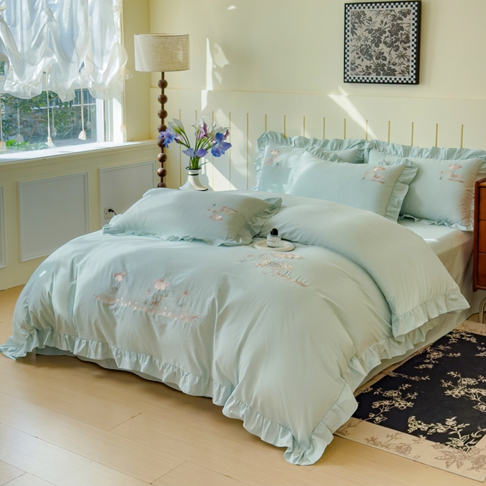 91家纺网 家纺一手货源 找家纺 U品汇 A类全棉色织水洗棉刺绣花四件套纯棉100%棉韩版公主风立体花朵 春野浪漫-青翠绿