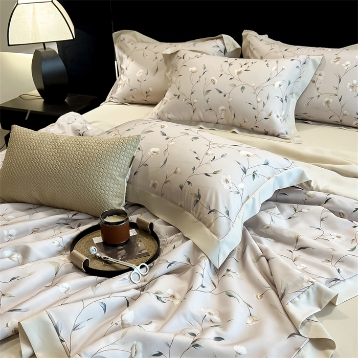 91家纺网 家纺一手货源 找家纺 朵希曼2025新款50天丝宽边夏被和夏被四件套系列 姜茉