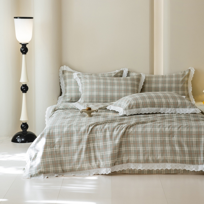 91家纺网 家纺一手货源 找家纺 绒世界 绒世界 2025新款双层纱韩版印花夏被四件套 格子-绿