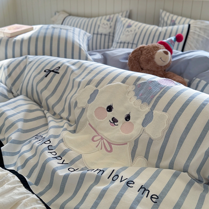 91家纺网 家纺一手货源 找家纺 优悦生活馆 2025新款全棉纯棉水洗棉印花四件套-牛奶小狗 牛奶小狗-蓝