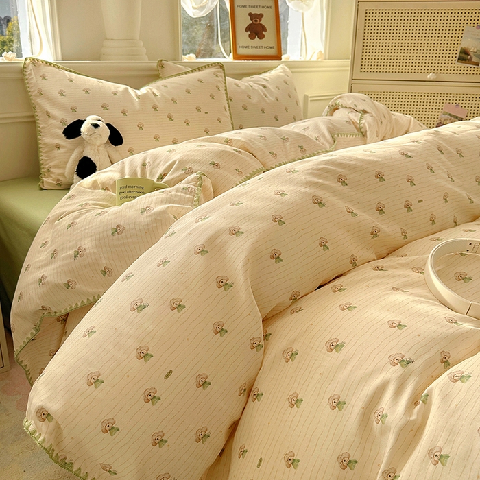 91家纺网 家纺一手货源 找家纺 田野家纺2025新款A类全棉双层纱四件套 布丁狗