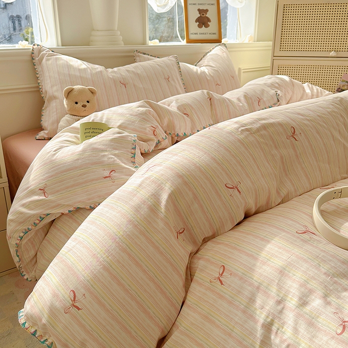 91家纺网 家纺一手货源 找家纺 田野家纺2025新款A类全棉双层纱四件套 飘带