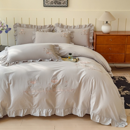 U品汇 A类全棉色织水洗棉刺绣花四件套纯棉100%棉韩版公主风立体花朵 春野浪漫-时尚灰