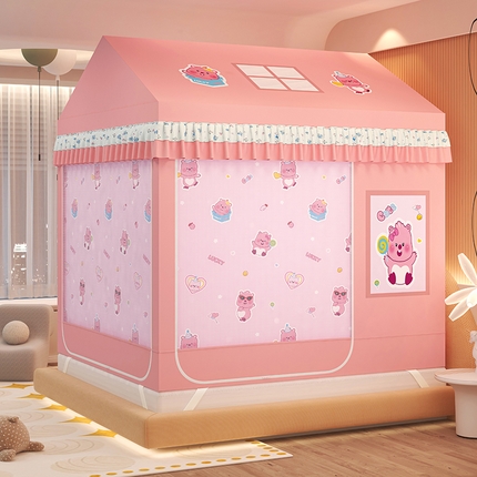 91家纺网 家纺一手货源 找家纺 迪凡保罗蚊帐 2025新款2505城堡款房型遮光防摔坐床蚊帐 粉红小熊