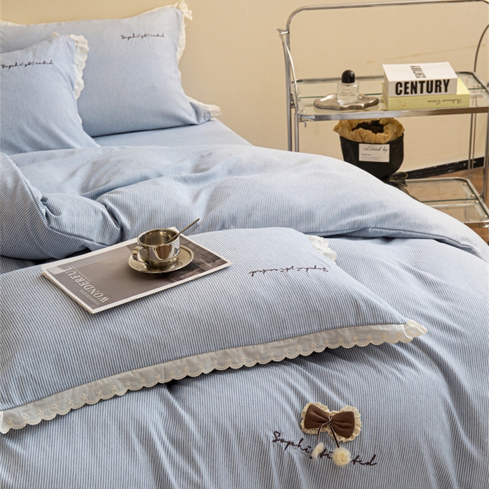 91家纺网 家纺一手货源 找家纺 庭笙 2025新款无印.色织条纹少女韩式小花边简约条纹四件套 色织条纹.蓝