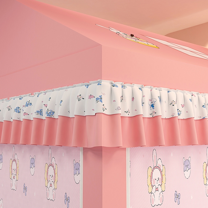 91家纺网 家纺一手货源 找家纺 迪凡保罗蚊帐 2025新款2505城堡款房型遮光防摔坐床蚊帐 粉红兔兔