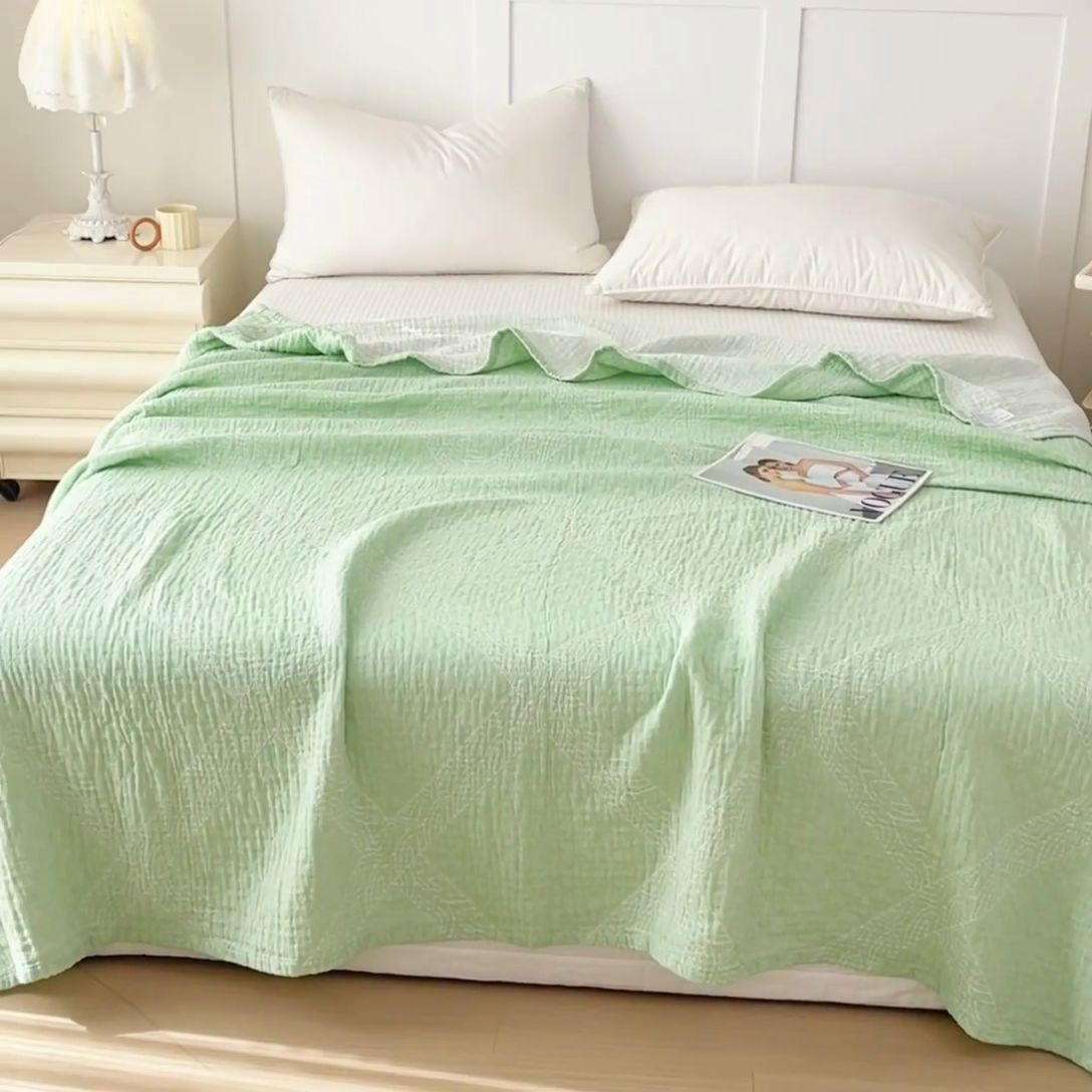 91家纺网 家纺一手货源 找家纺 悦然毛巾被 2025新款三层水洗全棉毛巾被 雅韵格绿