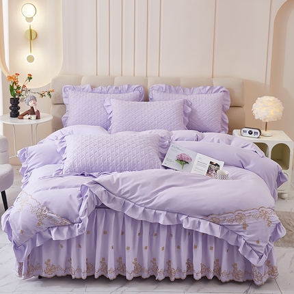 91家纺网 家纺一手货源 找家纺 家之硕家纺 2025新款云朵棉刺绣床裙四件套 紫色