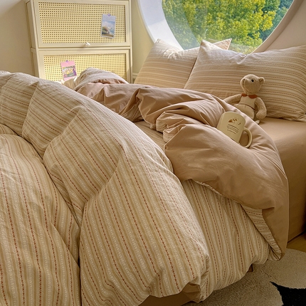 91家纺网 家纺一手货源 找家纺 田野家纺2025新款全棉水洗棉提花豆豆系列四件套 水洗棉豆豆-卡其