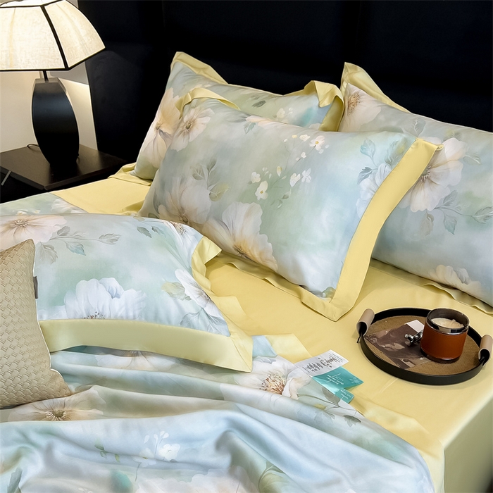 91家纺网 家纺一手货源 找家纺 朵希曼2025新款50天丝宽边夏被和夏被四件套系列 三月花香