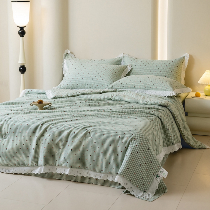 91家纺网 家纺一手货源 找家纺 绒世界 绒世界 2025新款双层纱韩版印花夏被四件套 樱桃