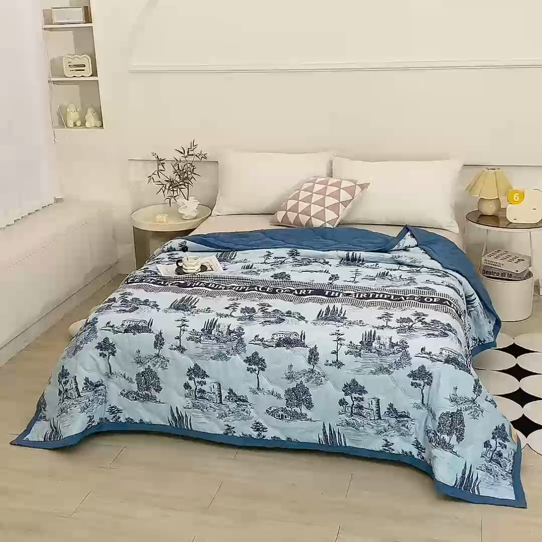 91家纺网 家纺一手货源 找家纺 爱派  2025新款直播爆款印花水洗棉夏被夏凉被空调被被子被芯 古典小镇