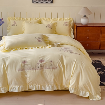 U品汇 A类全棉色织水洗棉刺绣花四件套纯棉100%棉韩版公主风立体花朵 春野浪漫-柠檬黄