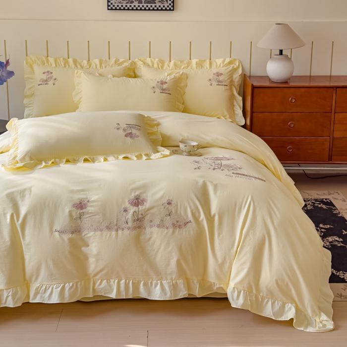 91家纺网 家纺一手货源 找家纺 U品汇 A类全棉色织水洗棉刺绣花四件套纯棉100%棉韩版公主风立体花朵 春野浪漫-柠檬黄