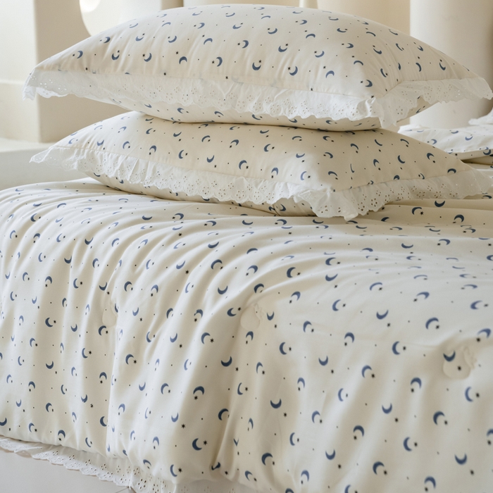 91家纺网 家纺一手货源 找家纺 绒世界 绒世界 2025新款双层纱韩版印花夏被四件套 星月