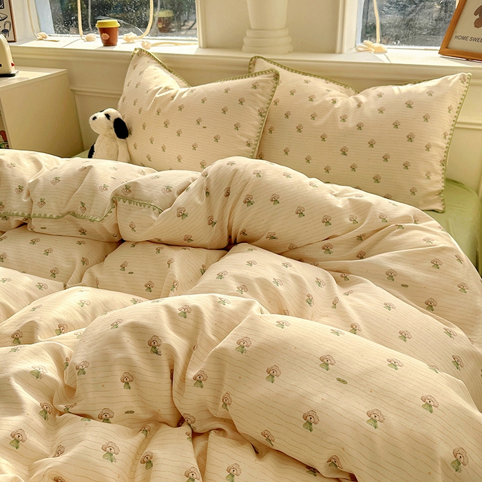 91家纺网 家纺一手货源 找家纺 田野家纺2025新款A类全棉双层纱四件套 布丁狗